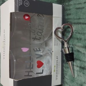 Valentine's Wedding Love Wine Glasses and Silver Heart Wine Stopper Corkscrew